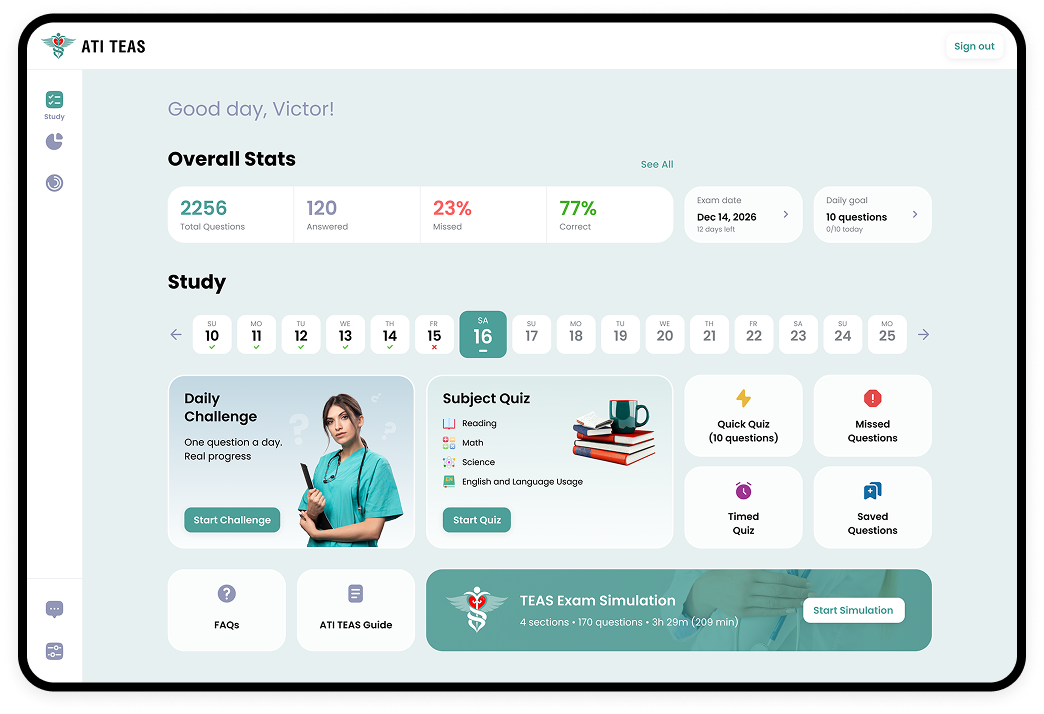 Dashboard with exam progress and daily goals